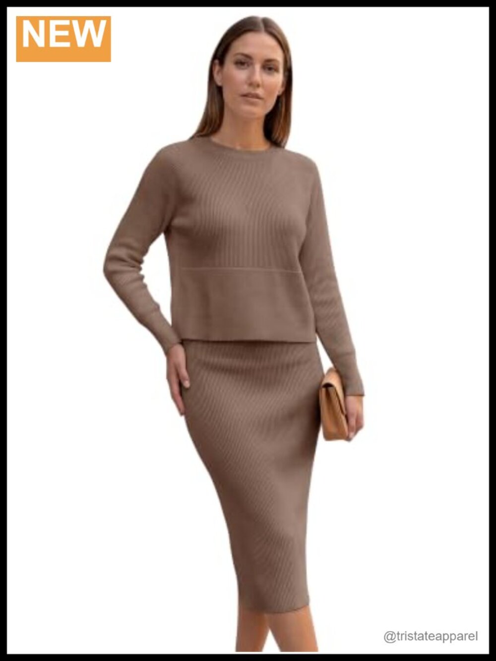 Ribbed Knit 2 Piece Skirt Set Crop Top Midi Bodycon Slit Office